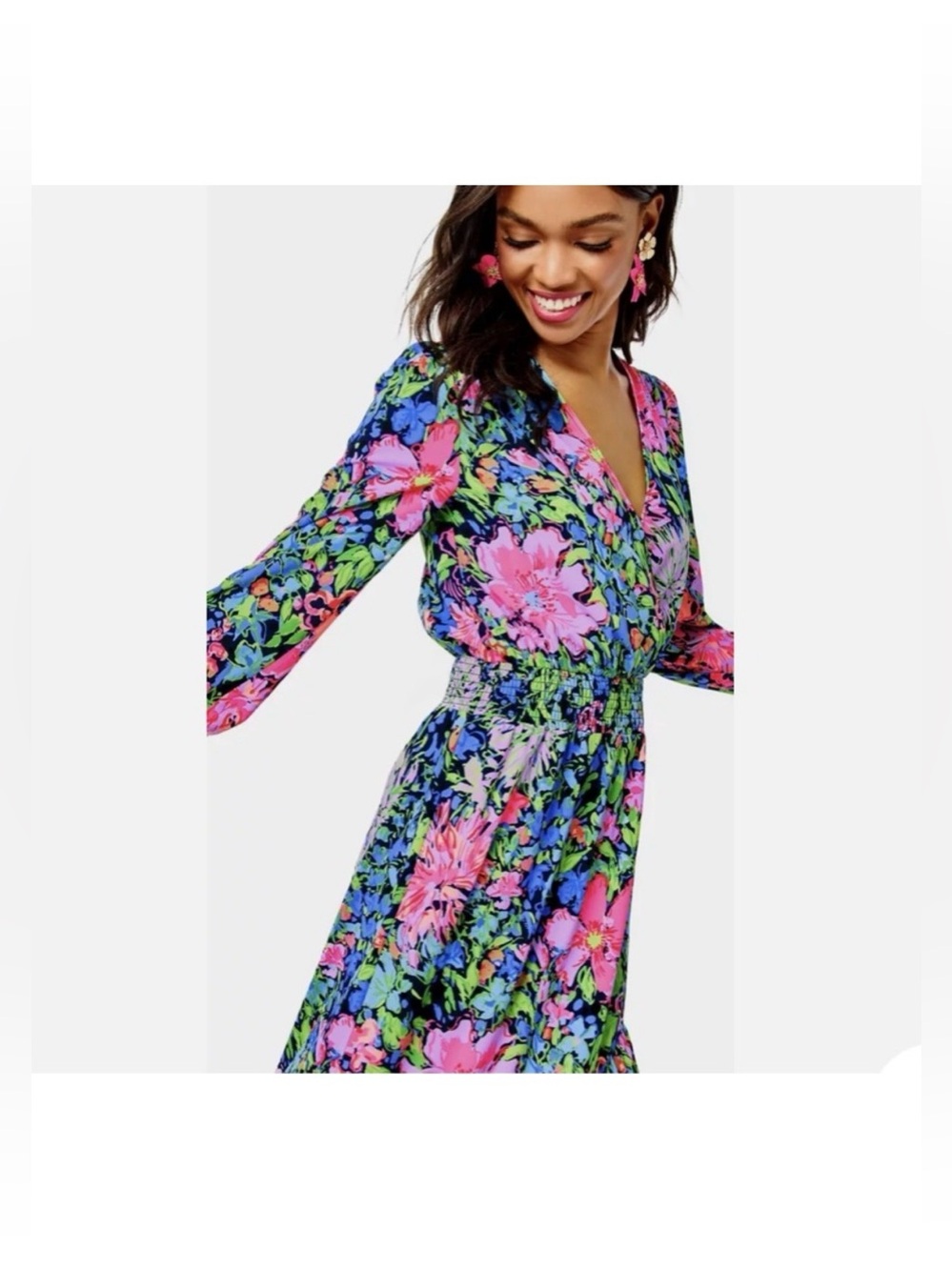 Lilly Pulitzer Cristiana colorful floral mid length long sleeve ruffle dress